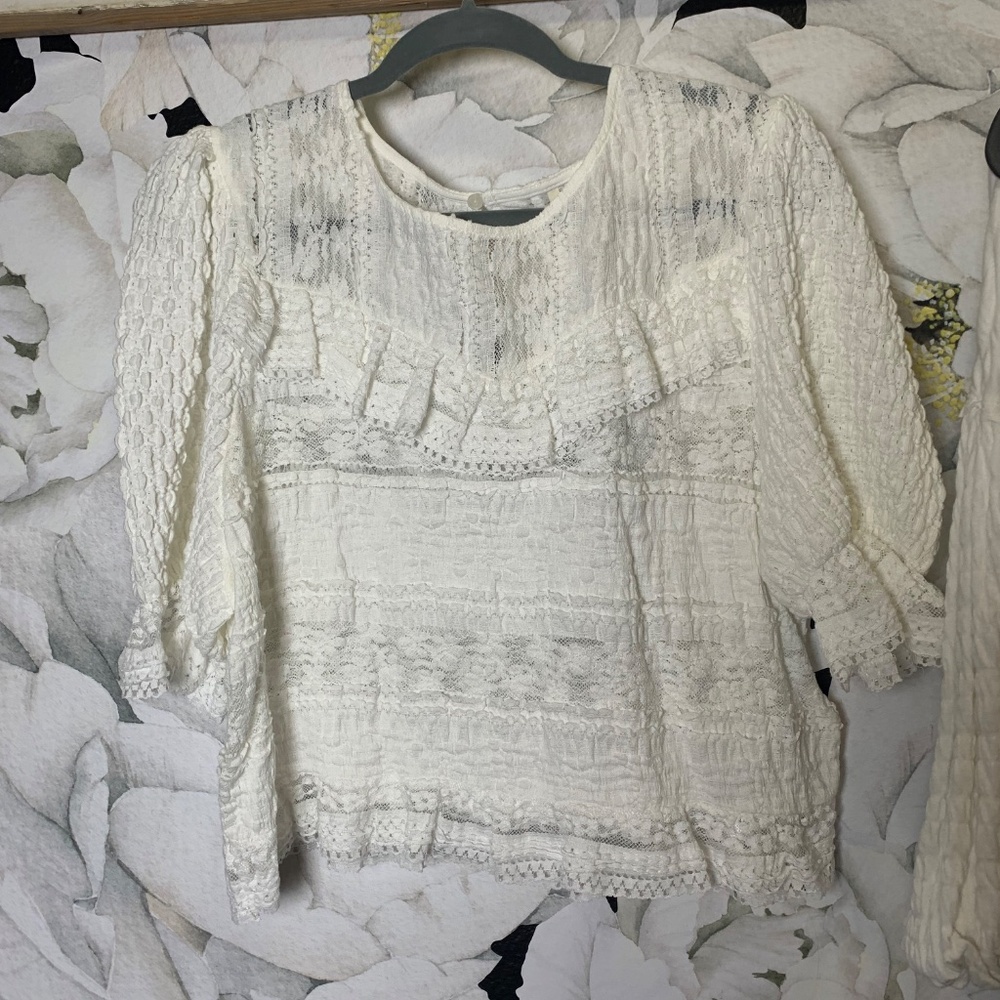 Anthropologie size Large romantic white lace top ruffled boho whimsical cottage - Picture 6 of 9